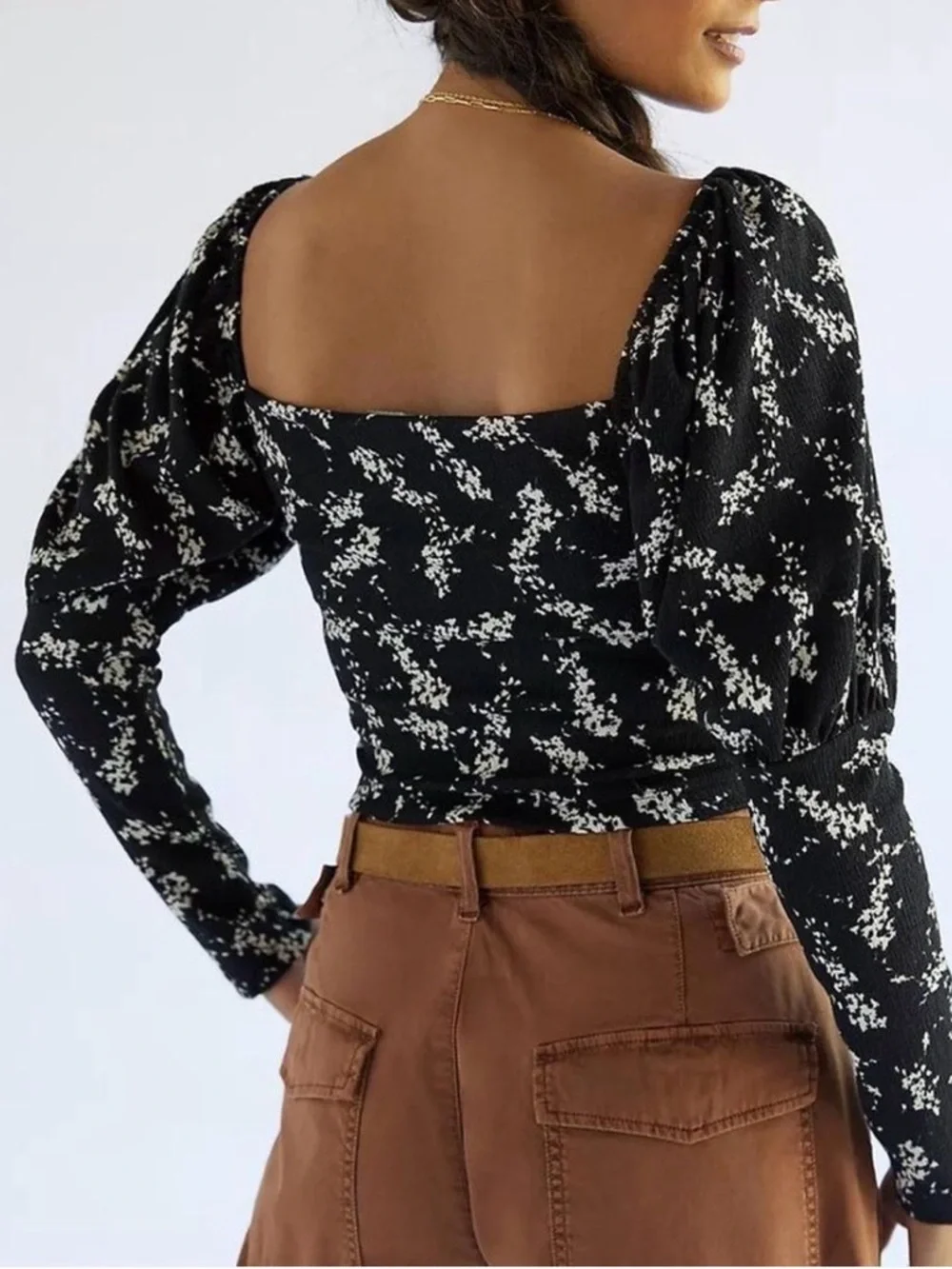 Anthropologie Black White Floral Textured Puff Sleeve Blouse - Womens XS